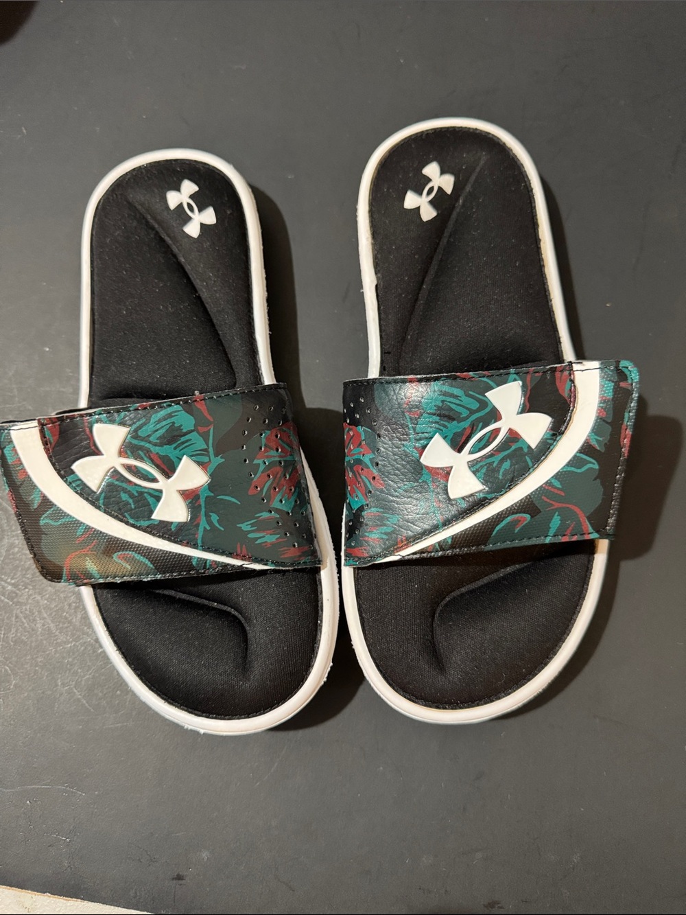 Under Armour Kids Black Slides with Teal & Red Tropical Strap